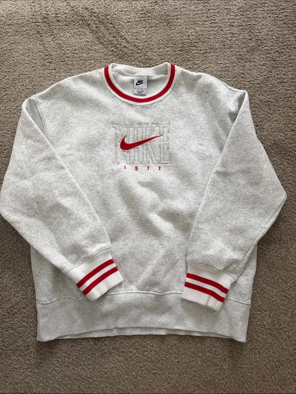 Nike Light Gray Crewneck Sweatshirt with Red Accents